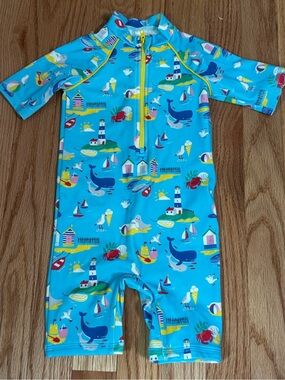 Baby Boden Turquoise Multi Whale Print UPF 40+ Swim Top size 3-6 months